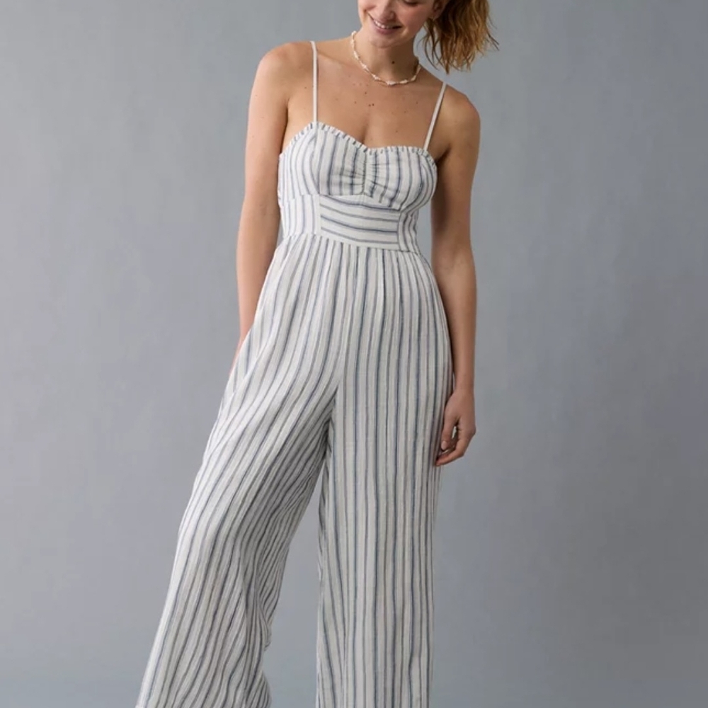 American Eagle White and Blue Striped Jumpsuit with Wide-Leg Silhouette